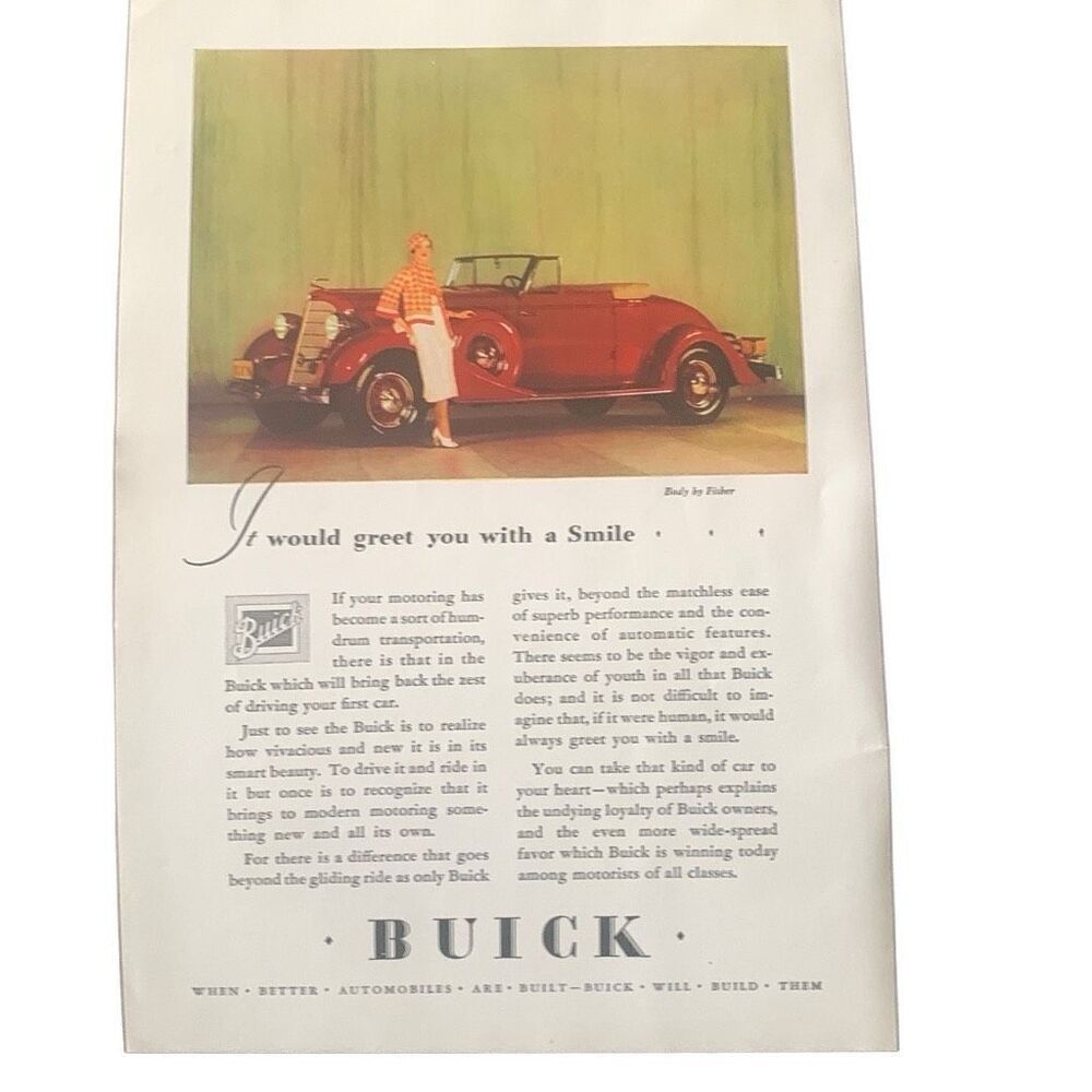 Vintage 1934 Buick Greet You With a Smile Ad Advertisement
